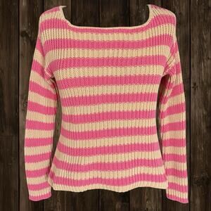 Hinge Nordstroms Ribbed Cropped Sweater Sz‎ M 100% Cotton Pink Tan w Long Sleeve